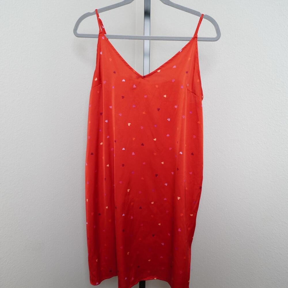 Stars Above Heart Print Satin Slip Dress Red L